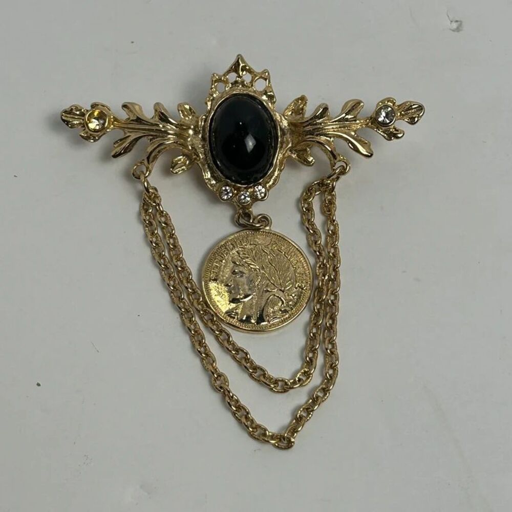 Vintage bergere goldtone brooch black cabochon draped chain victorian pin